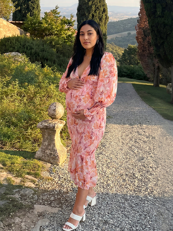 Pink Floral Smocked Lantern Sleeve Maternity Maxi Dress
