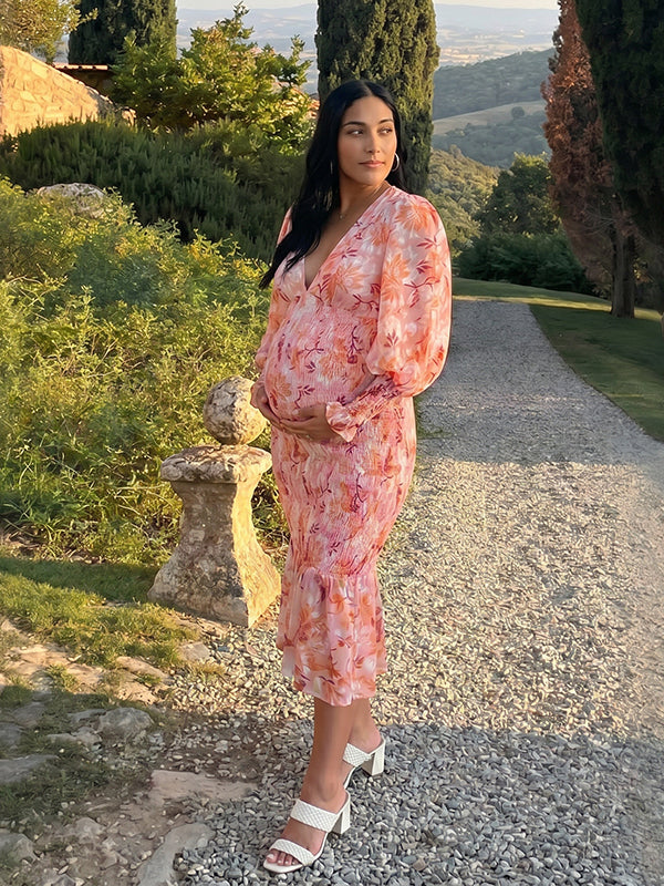 Pink Floral Smocked Lantern Sleeve Maternity Maxi Dress