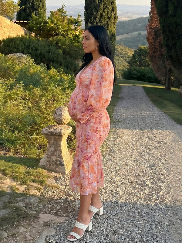 Pink Floral Smocked Lantern Sleeve Maternity Maxi Dress