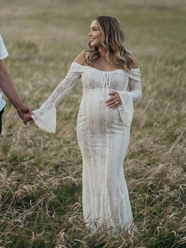White Off Shoulder Lace Bodycon Maternity Dress for Photoshoot Baby Shower Gender Reveal Mermaid Gown Momsmood