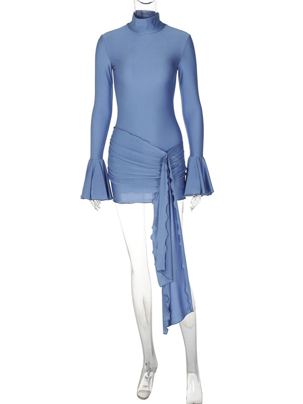 Momsmood Solid Color Cascading Ruffle Irregular High Neck Draped Bodycon Falbala Elegant Flare Sleeve Bandage Party Baby Shower Maternity Mini Dress