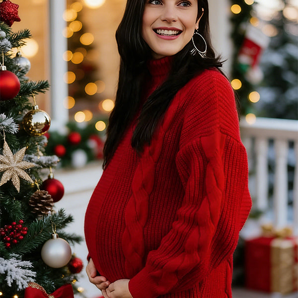 Momsmood Christmas Red High Neck Crochet Maternity Photoshoot Sweater Mini Dress