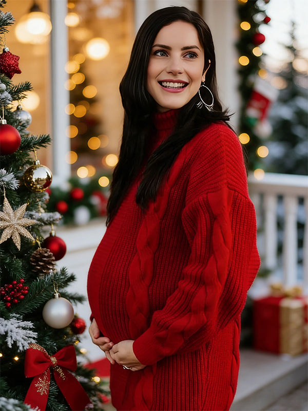 Momsmood Christmas Red High Neck Crochet Maternity Photoshoot Sweater Mini Dress