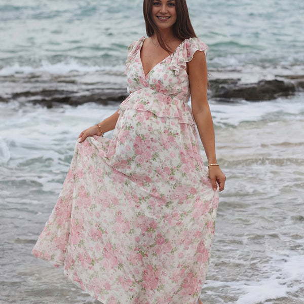 Boho Floral Backless Flowy Maternity Maxi Dress