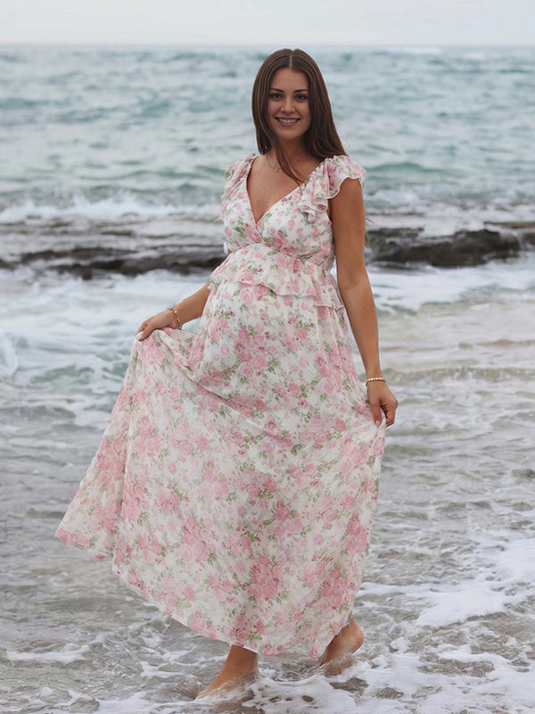 Boho Floral Backless Flowy Maternity Maxi Dress