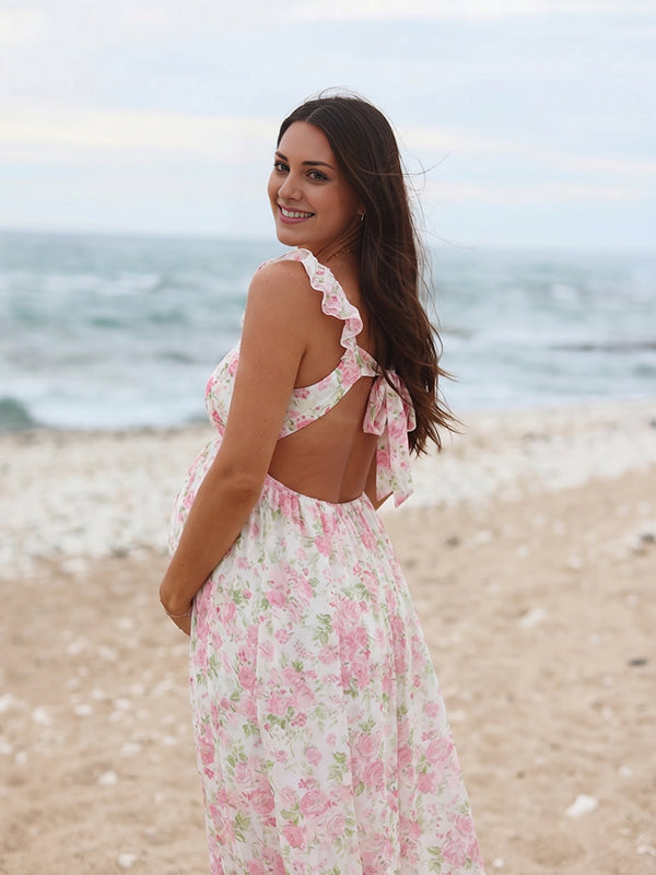Boho Floral Backless Flowy Maternity Maxi Dress
