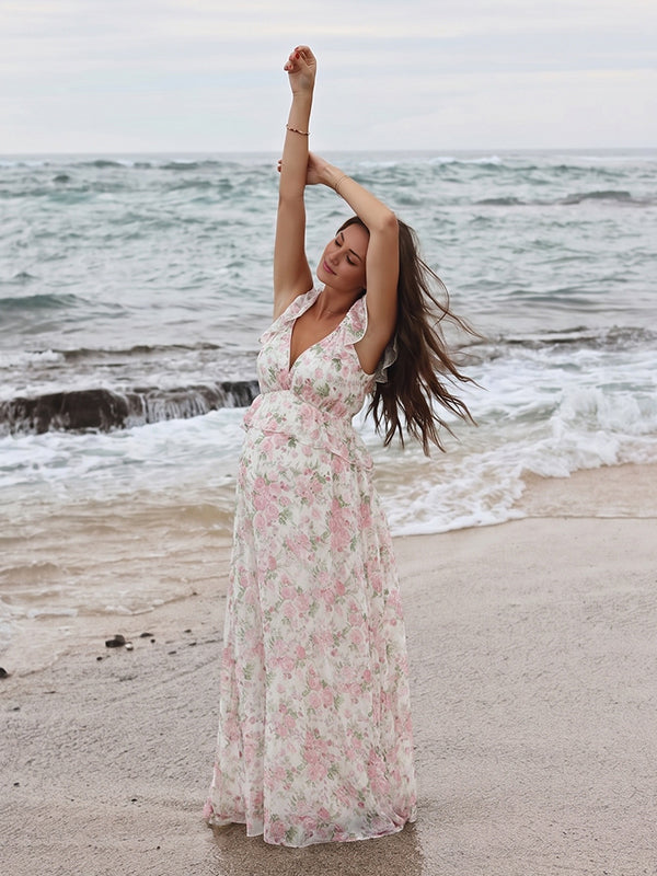 Boho Floral Backless Flowy Maternity Maxi Dress