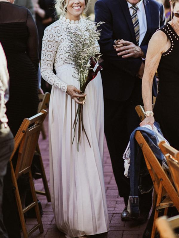 Momsmood Maternity Evening Wedding Lace Tulle Band Collar Long Sleeve Elegant Photoshoot Maxi Dress