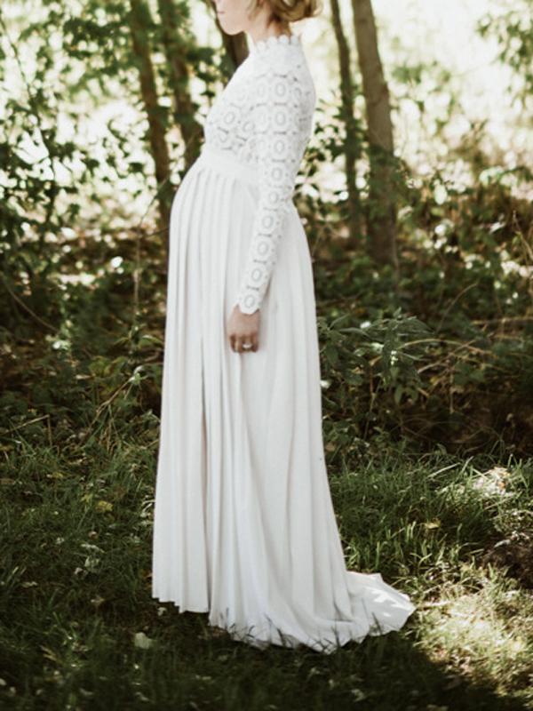 Momsmood Maternity Evening Wedding Lace Tulle Band Collar Long Sleeve Elegant Photoshoot Maxi Dress