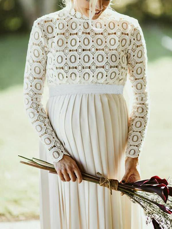 Momsmood Maternity Evening Wedding Lace Tulle Band Collar Long Sleeve Elegant Photoshoot Maxi Dress