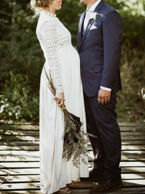 Momsmood Maternity Evening Wedding Lace Tulle Band Collar Long Sleeve Elegant Photoshoot Maxi Dress