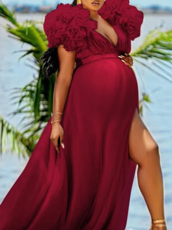 Momsmood Maternity Tulle Ruffle V-neck Slit Plus Size Photoshoot Baby Shower Maxi Dress