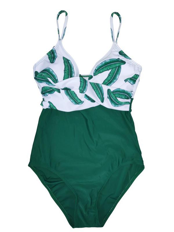 Momsmood Maternity Beach Leaves Patchwork Halter V-neck Fashion Cami One-Piece Swimsuit