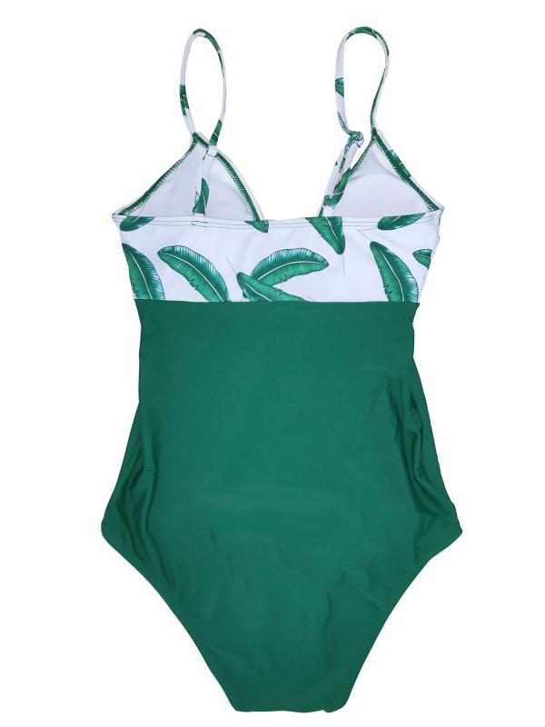 Momsmood Maternity Beach Leaves Patchwork Halter V-neck Fashion Cami One-Piece Swimsuit
