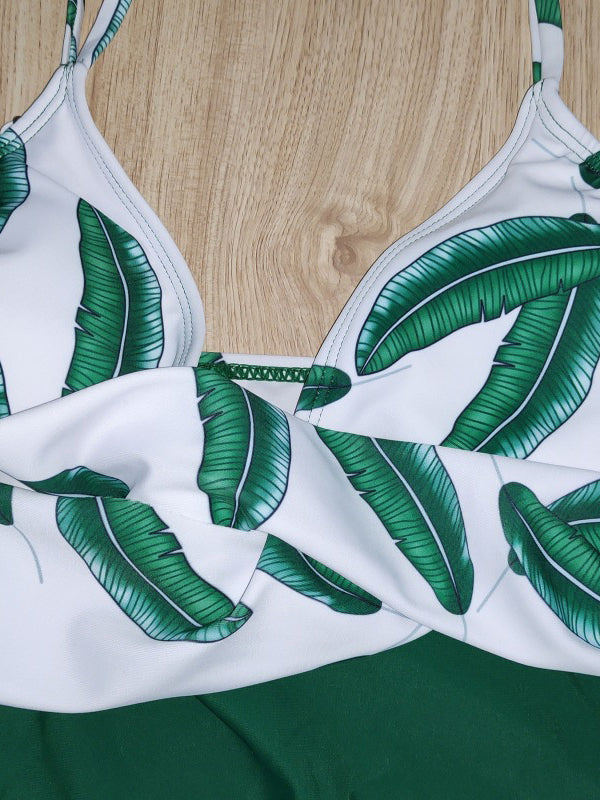 Momsmood Maternity Beach Leaves Patchwork Halter V-neck Fashion Cami One-Piece Swimsuit