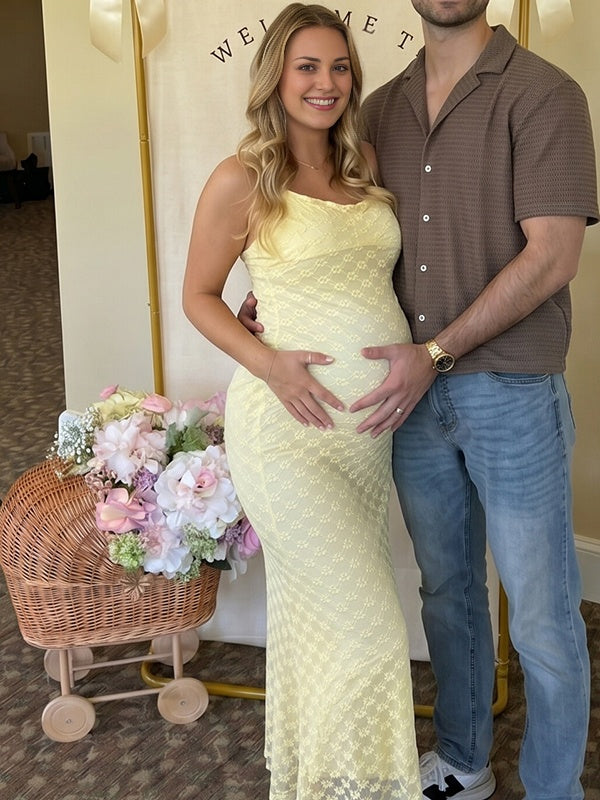 Yellow Floral Lace Mesh Cami Bodycon Maternity Maxi Dress