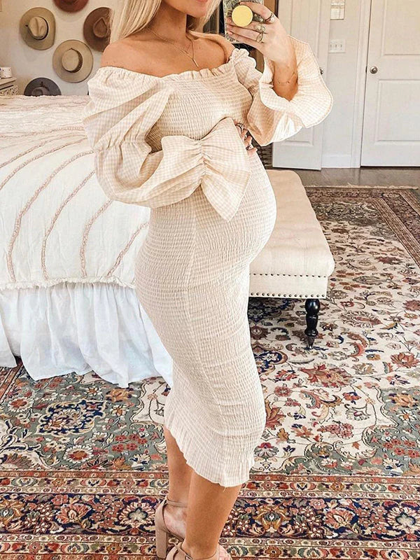 Momsmood Maternity Evening Ruffle Off Shoulder Long Sleeve Bodycon Baby Shower Midi Dress