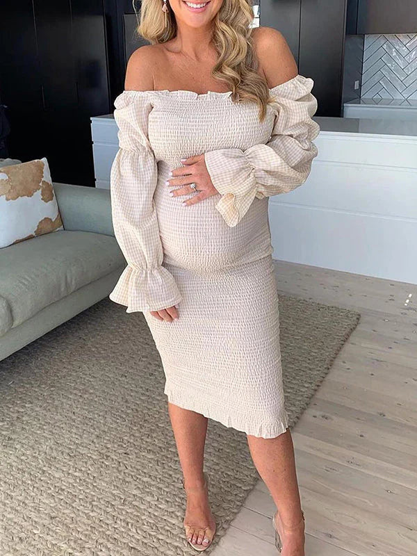 Momsmood Maternity Evening Ruffle Off Shoulder Long Sleeve Bodycon Baby Shower Midi Dress