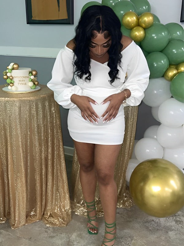 Momsmood White Off Shoulder Lantern Sleeve Bodycon Party Cute Formal Baby Shower Maternity Mini Dress