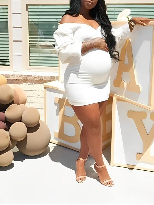 Momsmood White Off Shoulder Lantern Sleeve Bodycon Party Cute Formal Baby Shower Maternity Mini Dress