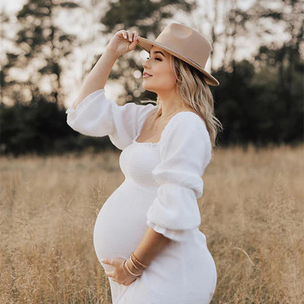 Momsmood White Ruffle Ruched High Waist Puff Sleeve Cute Photoshoot Maternity Maxi Dress