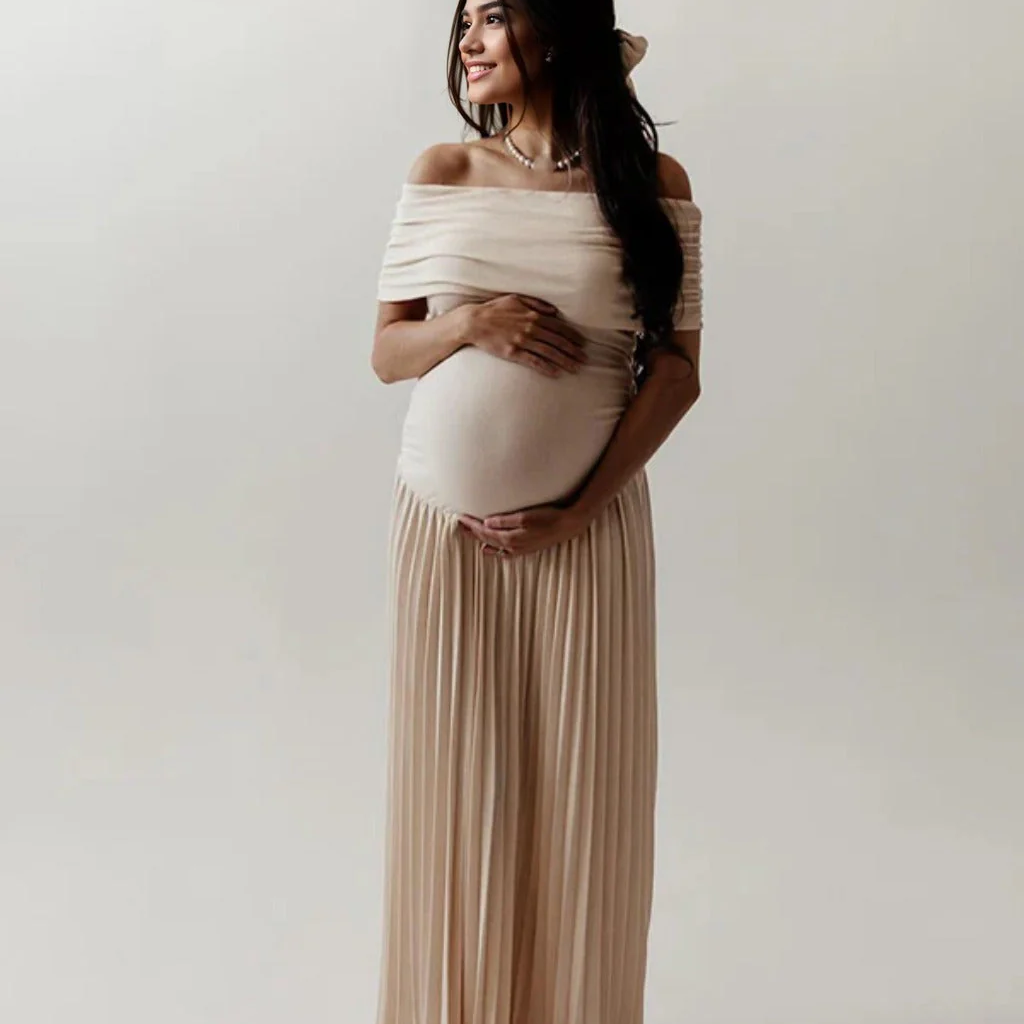 Apricot Off Shoulder Drop Waist Maternity Maxi Dress