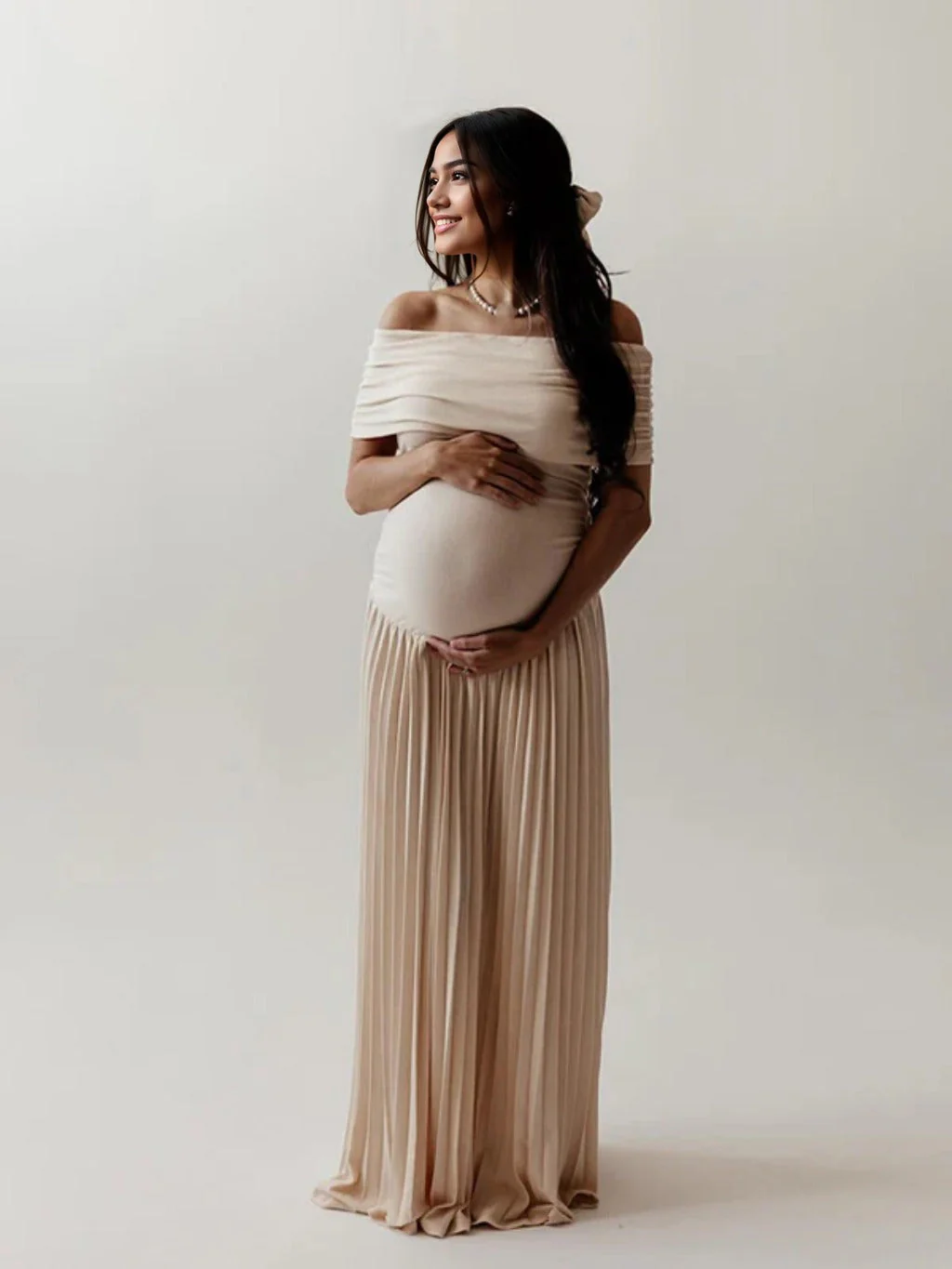 Apricot Off Shoulder Drop Waist Maternity Maxi Dress