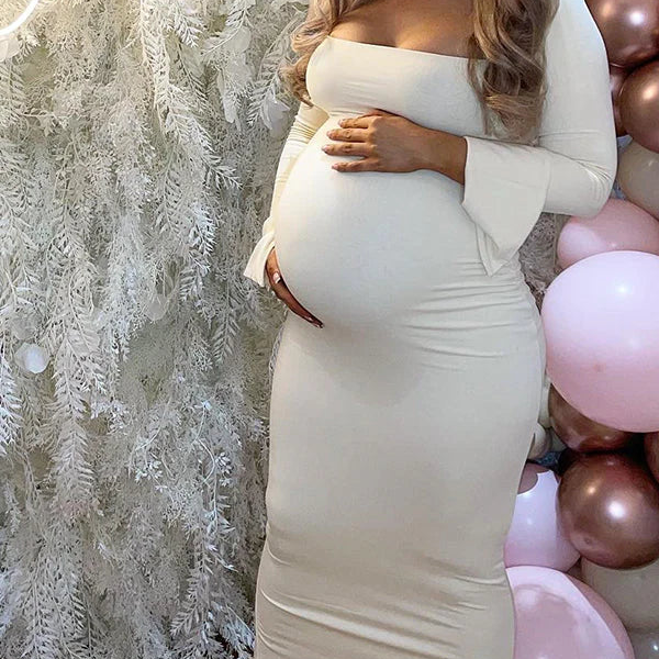 Momsmood Elegant Long Sleeve Maternity Dress Ultimate Baby Shower Outfit White Bodycon Dress to Embrace Your Bump