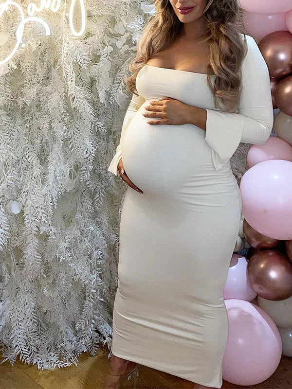 Momsmood Elegant Long Sleeve Maternity Dress Ultimate Baby Shower Outfit White Bodycon Dress to Embrace Your Bump