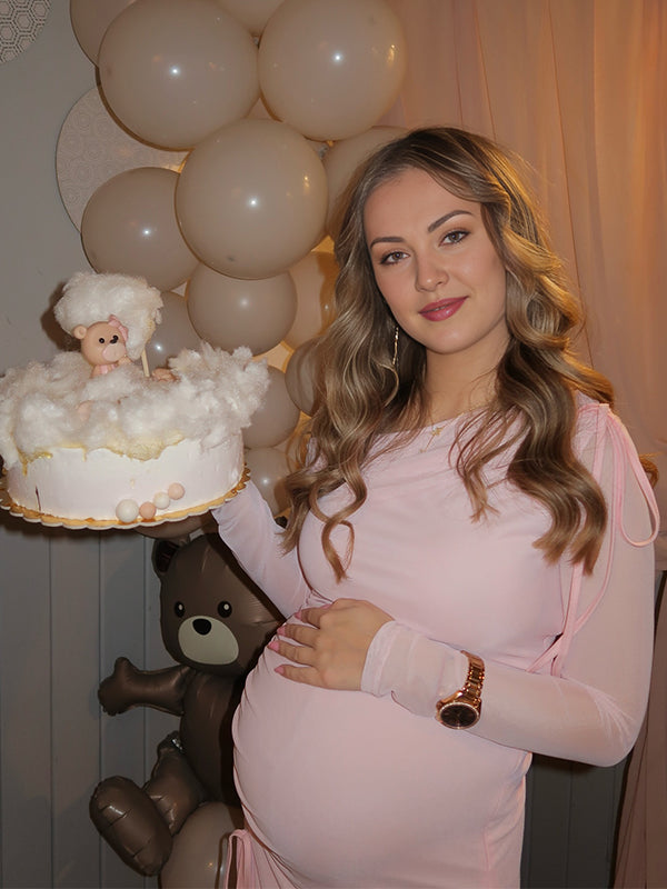 Momsmood One Shoulder Drawstring Side Slit Grenadine Gender Reveal Baby Girl Shower Maternity Maxi Dress