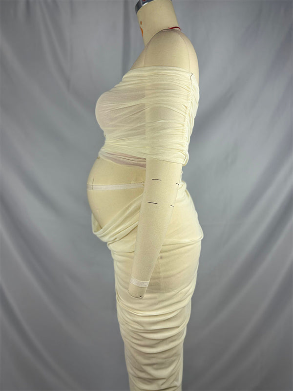 Momsmood 2-in-1 One Shoulder Side Slit Grenadine Sheer Photoshoot Maternity Maxi Dress