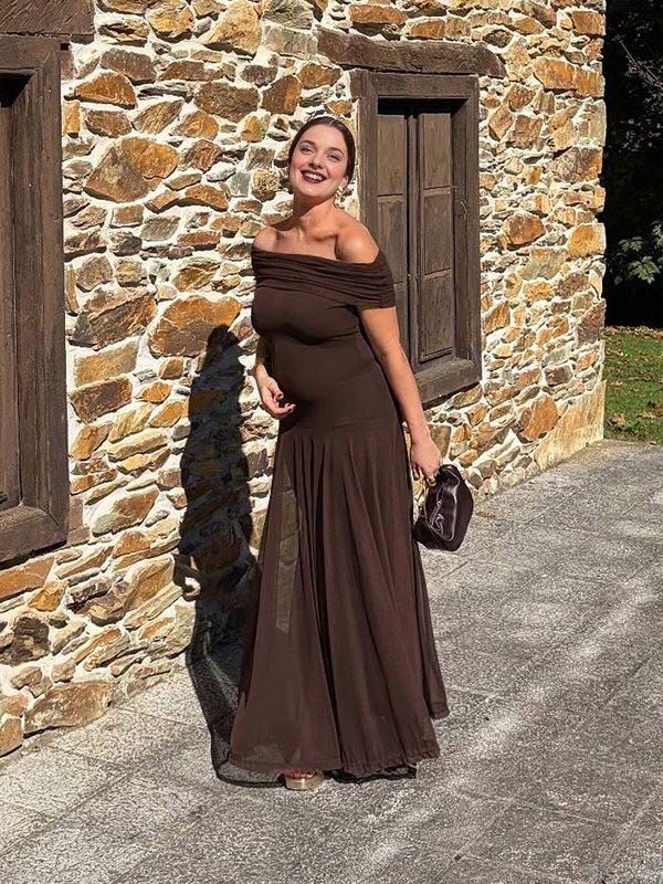 Momsmood Chic Mesh Off Shoulder Draped Cocktail Maternity Maxi Dress