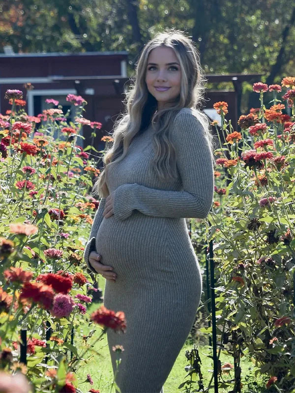 Momsmood Camel Knit Flare Sleeve Photoshoot Maternity Maxi Sweater Dress