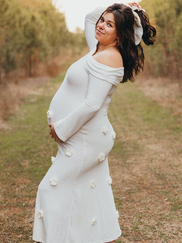 Momsmood White Off Shoulder 3D Flowers Knitting Backless Bodycon Mermaid Cocktail Party Gowns Bandage Photoshoot Maternity Maxi Dress