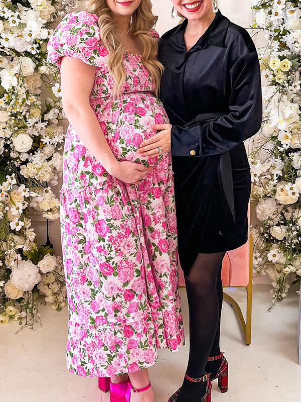 Pink Smoked Stamp Duty Plus Size Maternity Baby Shower Maxi Dress