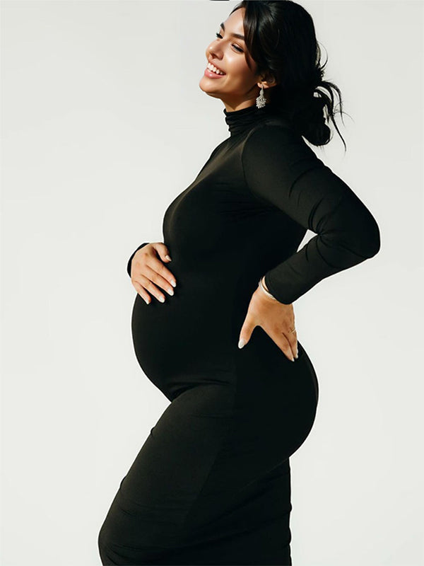 Momsmood Solid Color High Neck Bodycon Mermaid Photoshoot Maternity Maxi Dress