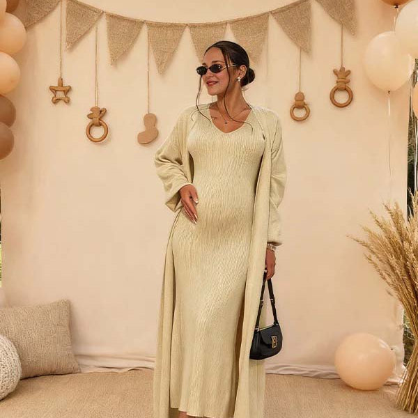Momsmood Apricot 2 Pieces Knit Baby Shower Maternity Maxi Sweater Dress
