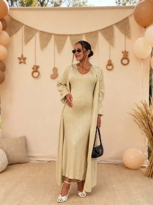 Momsmood Apricot 2 Pieces Knit Baby Shower Maternity Maxi Sweater Dress