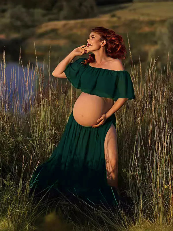 Momsmood Solid Color Off Shoulder Chiffon Crop Side Slit Ruffle Two Pieces High Waist Elegant Boho Gown Photoshoot Maternity Maxi Dress