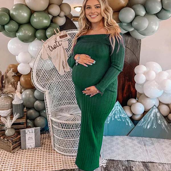 Momsmood Christmas Off Shoulder Backless Crochet Maternity Sweater Baby Shower Maxi Dress