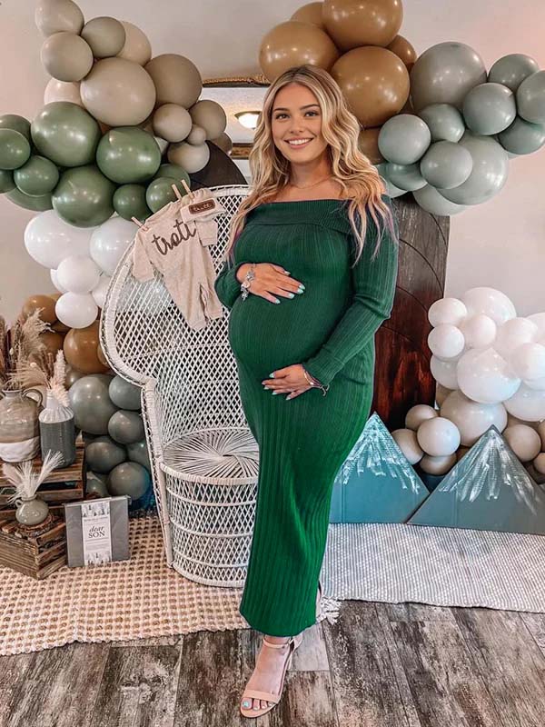 Momsmood Christmas Off Shoulder Backless Crochet Maternity Sweater Baby Shower Maxi Dress