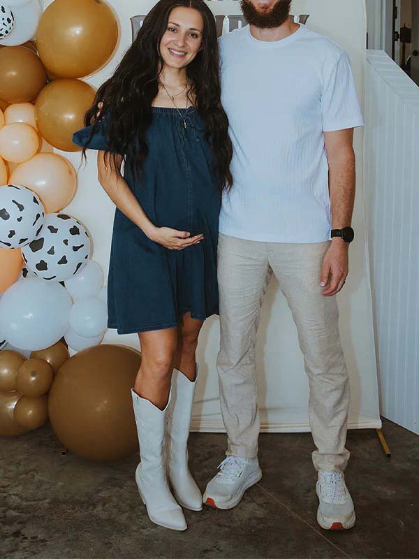 Dark Blue Denim Pockets Bow Baby Shower Maternity Mini Dress