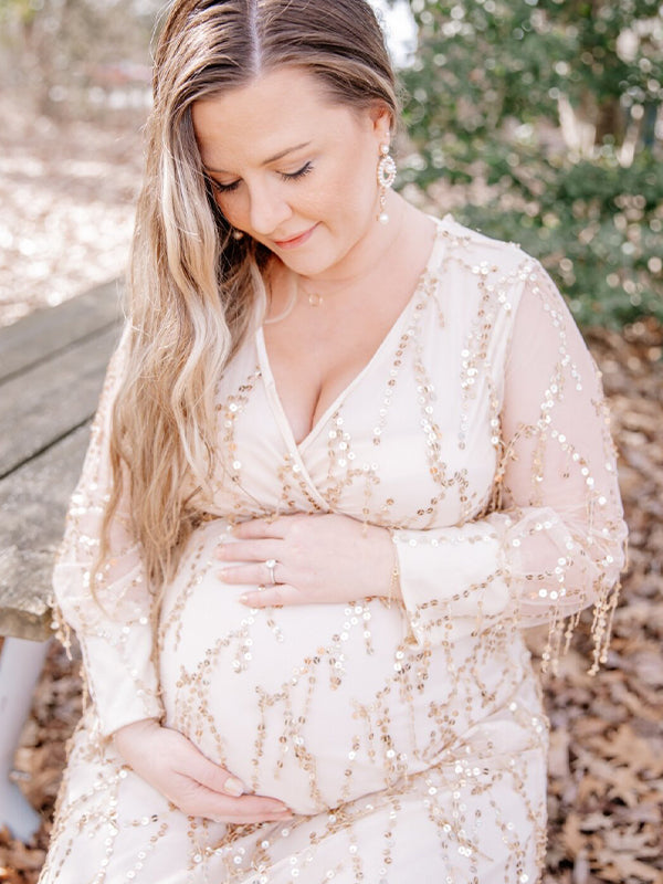 Momsmood Apricot Sequin Tassel Tulle Ruched Cross Chest Multi Way Tie Back V-neck Elegant Boho Photoshoot Maternity Maxi Dress