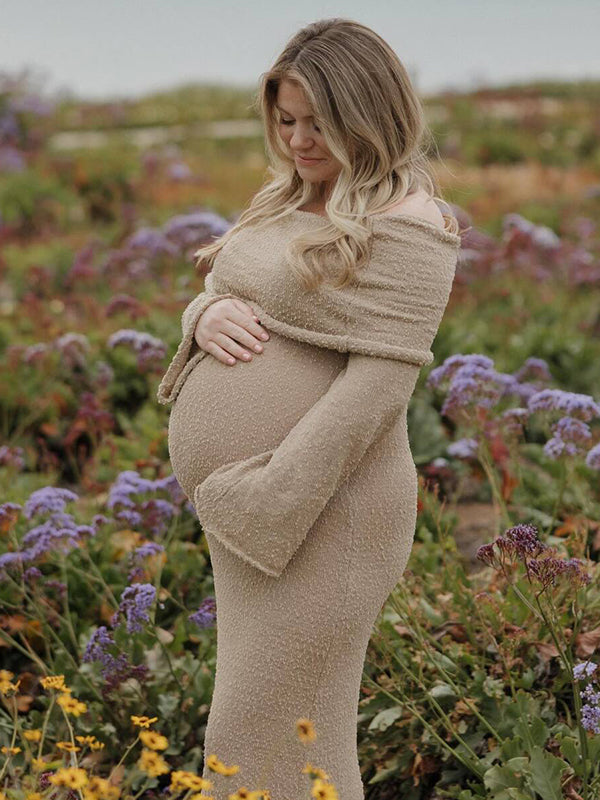 Momsmood Solid Color Off Shoulder Knitwear Bodycon Beach Vacation Dress Baby Shower Maternity Maxi Dress