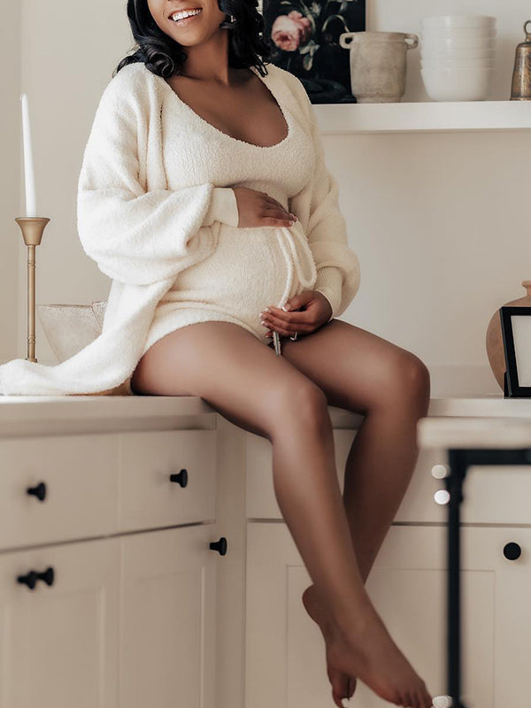 Momsmood Ivory Three-piece Cozy Knit Set Plus Size Crop Top Cardigan Fluffy Loungewear Casual Daily Maternity Outfit