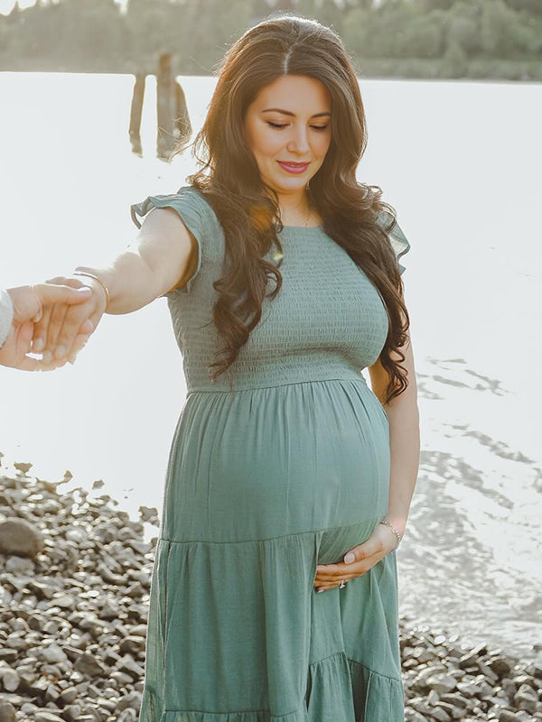 Round Neck Smoked Small Flightless Sleeve Maternity Photoshoot Maxi Dress