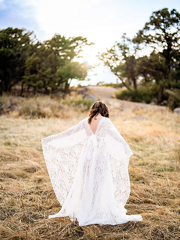 Momsmood Floral Lace Backless Boho Flare Sleeve Pregnant Maternity Photoshoot Maxi Dress