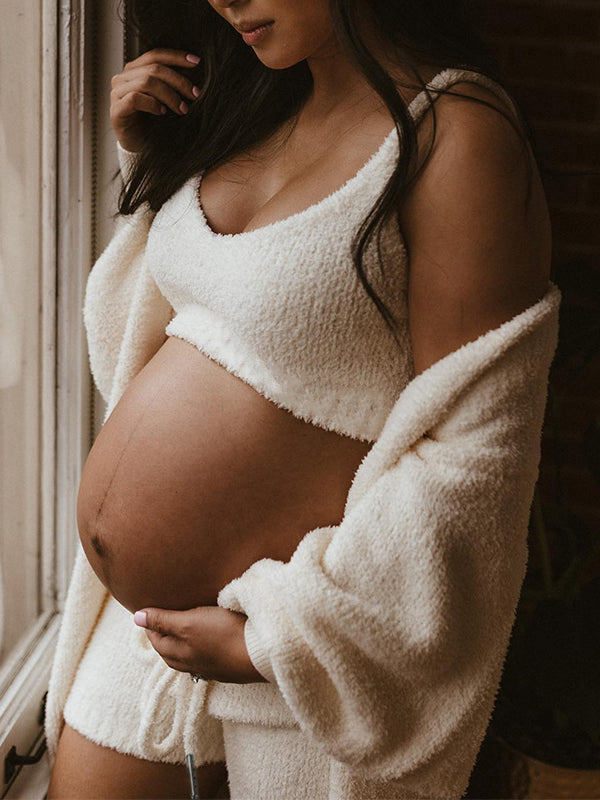 Momsmood Ivory Three-piece Cozy Knit Set Plus Size Crop Top Cardigan Fluffy Loungewear Casual Daily Maternity Outfit
