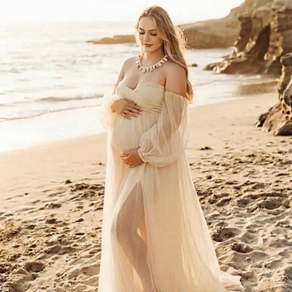 Elegant Bohemian Off Shoulder Lace Flowy Maternity Maxi Dress Side Slit