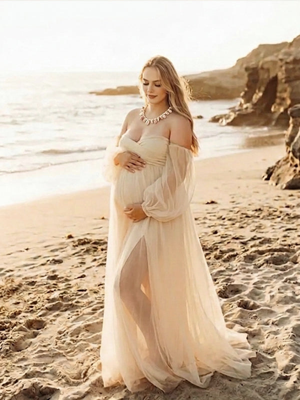 Elegant Bohemian Off Shoulder Lace Flowy Maternity Maxi Dress Side Slit